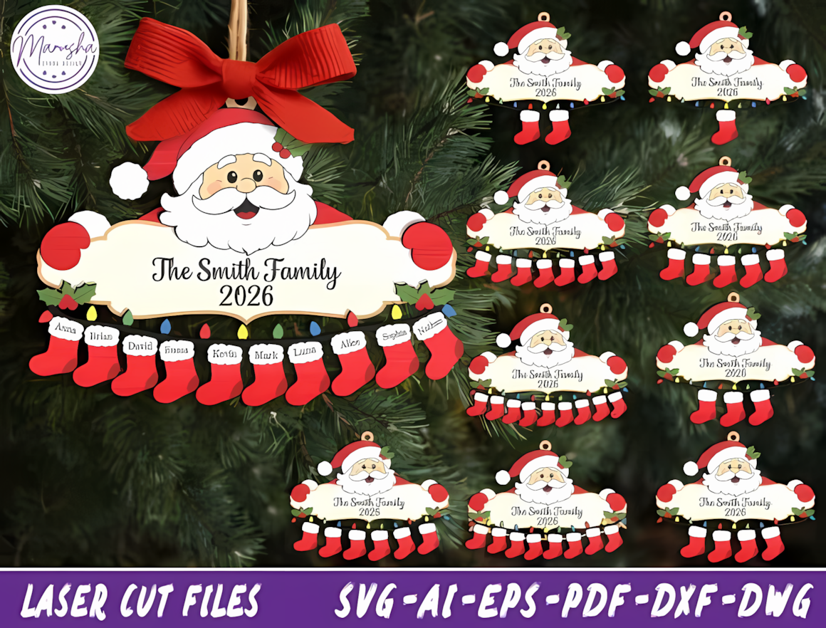 Custom family Christmas ornament SVG laser cut template for 3D wooden decorations