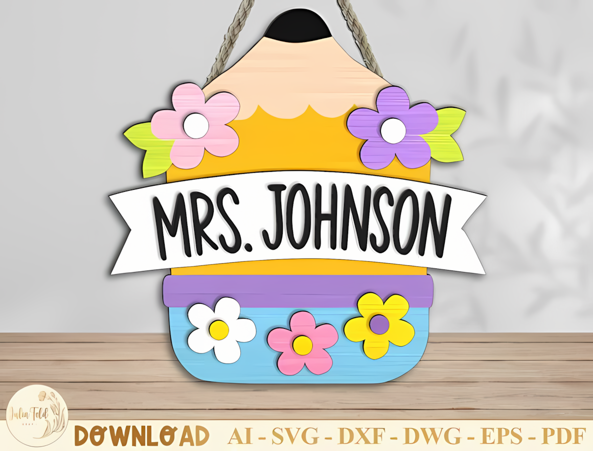 Pencil door hanger template for custom teacher name sign svg.