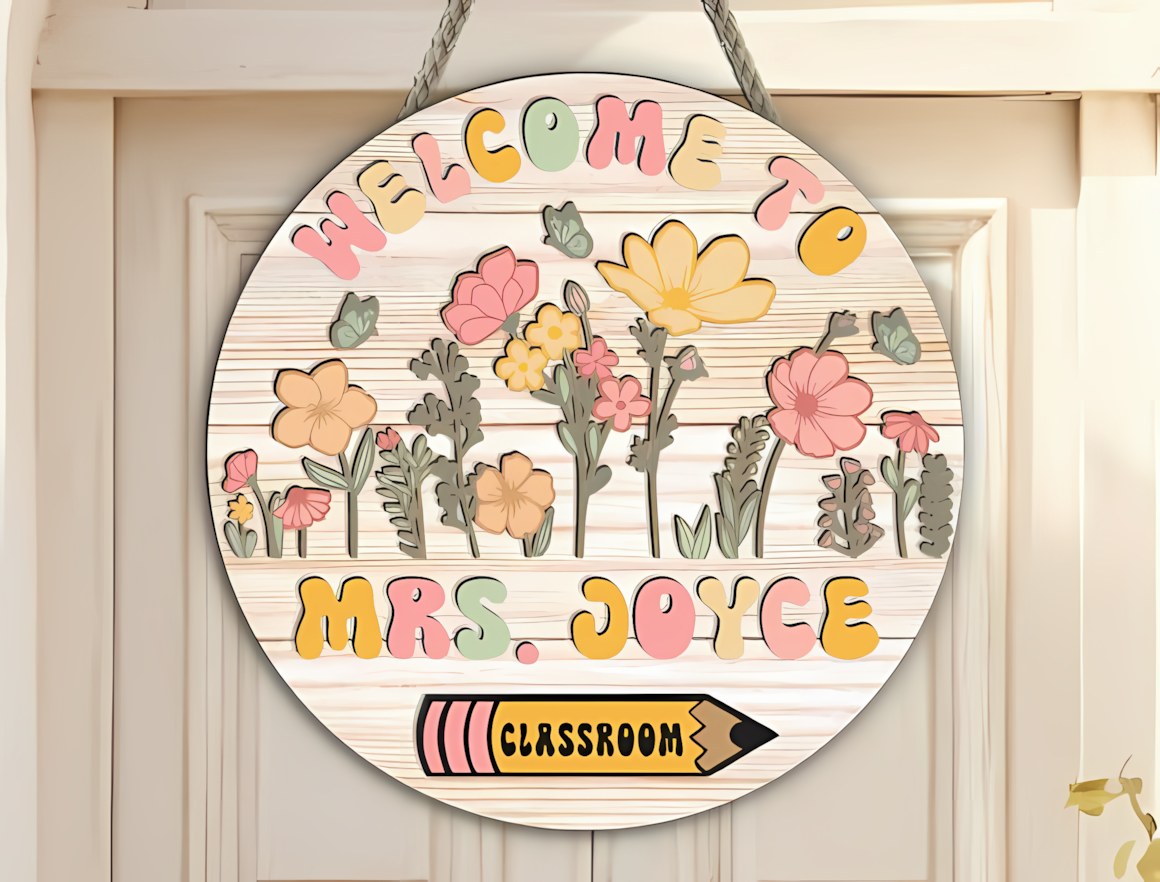 Wood door sign layout for classroom name laser cut projects.