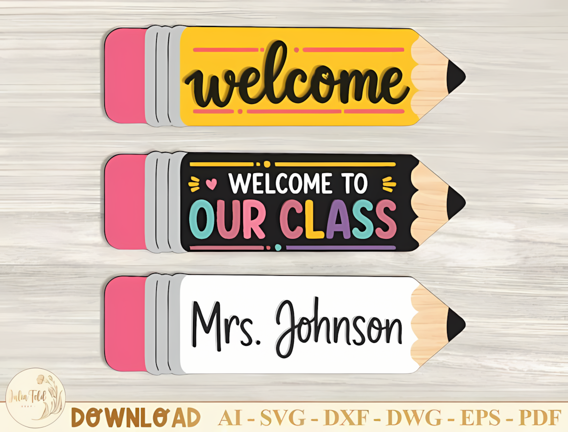 Pencil sign cutout layout for classroom name laser cut crafts.