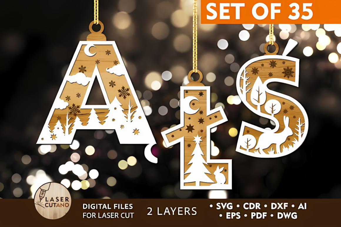 Polish letters laser cut Christmas alphabet ornament templates for holiday decor