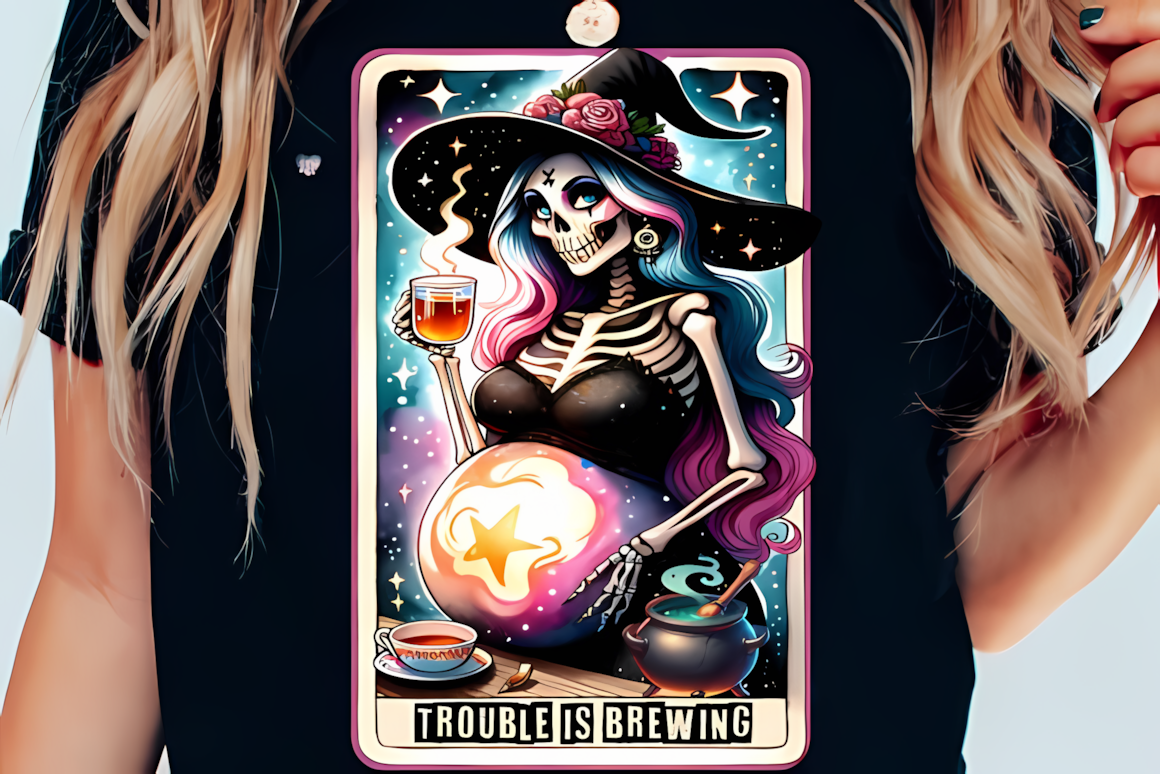 Pregnant witch tarot card PNG illustration celebrating expectant mothers with a spooky twist
