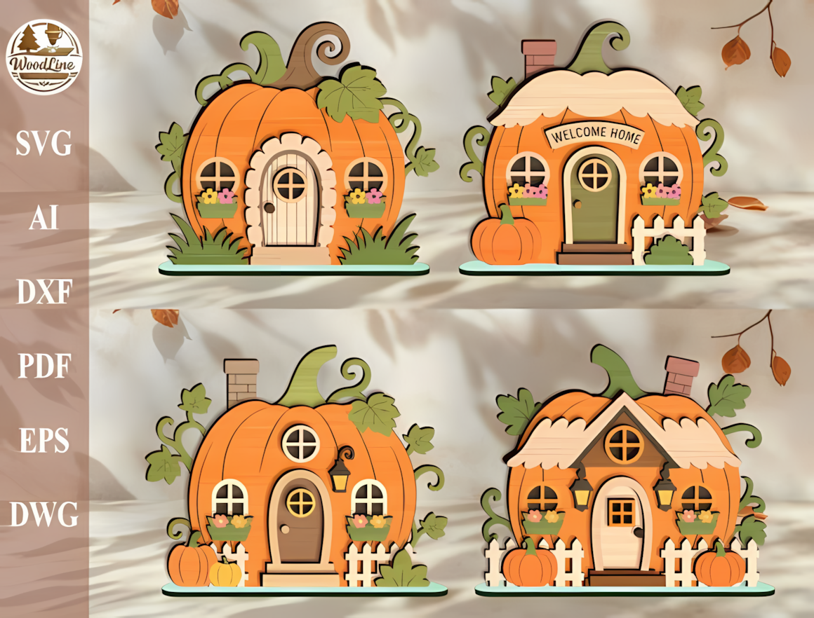 Miniature 3D pumpkin cottage with detailed window cutouts and autumn foliage for tiered tray styling