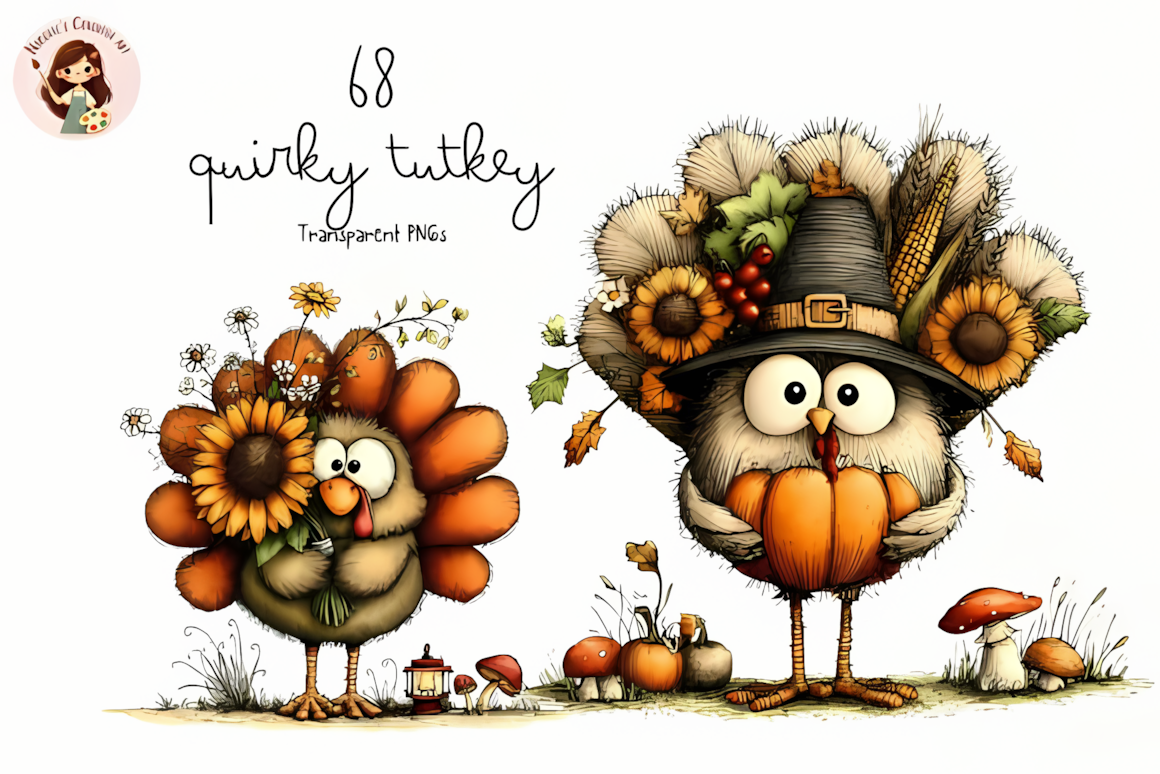 Fun quirky turkey illustration from a quirky watercolor thanksgiving turkey clipart design.