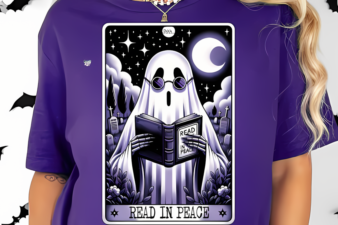 Read in peace ghost tarot featuring a spooky reading specter for sticker sheets and bookmarks