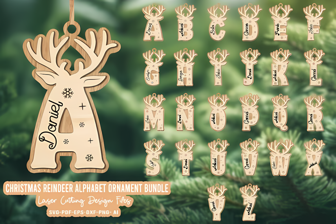 Reindeer and snowman personalized Christmas ornament SVG set for wooden ornaments