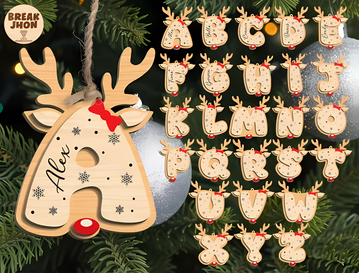 Reindeer antlers Christmas monogram ornament laser cut pattern A-Z