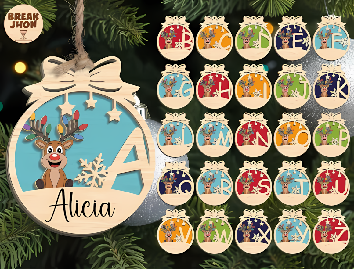 Snowflake initial layered Christmas ornament SVG file for Glowforge and xTool