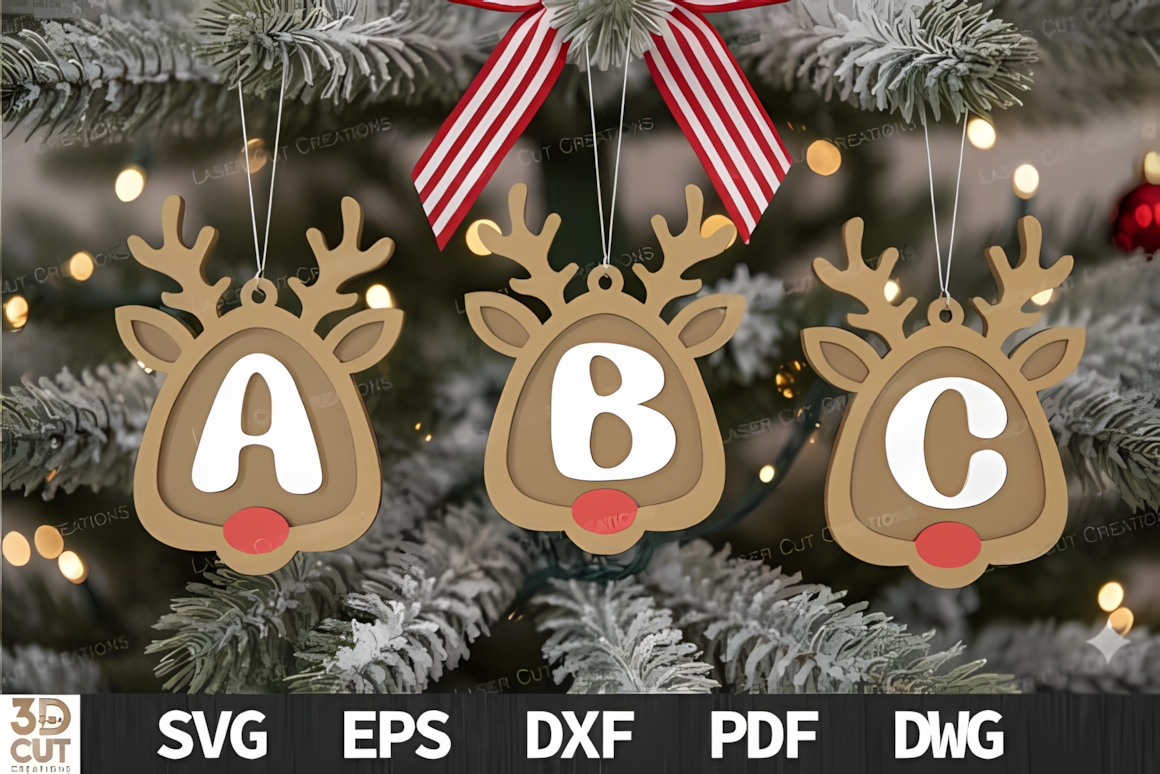 Wooden reindeer antlers alphabet Christmas tree ornament SVG for family gifts