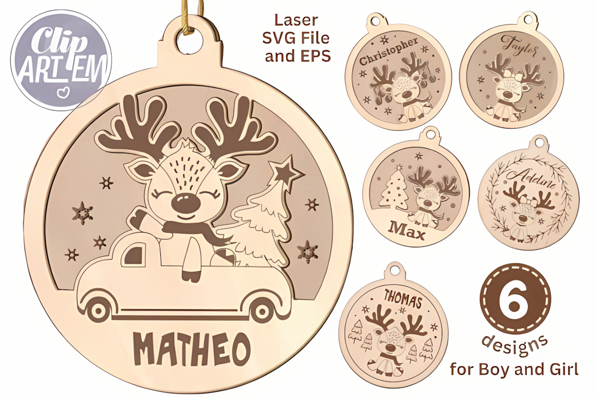 Reindeer Christmas ornaments laser SVG vector file for 3D wooden tree decor