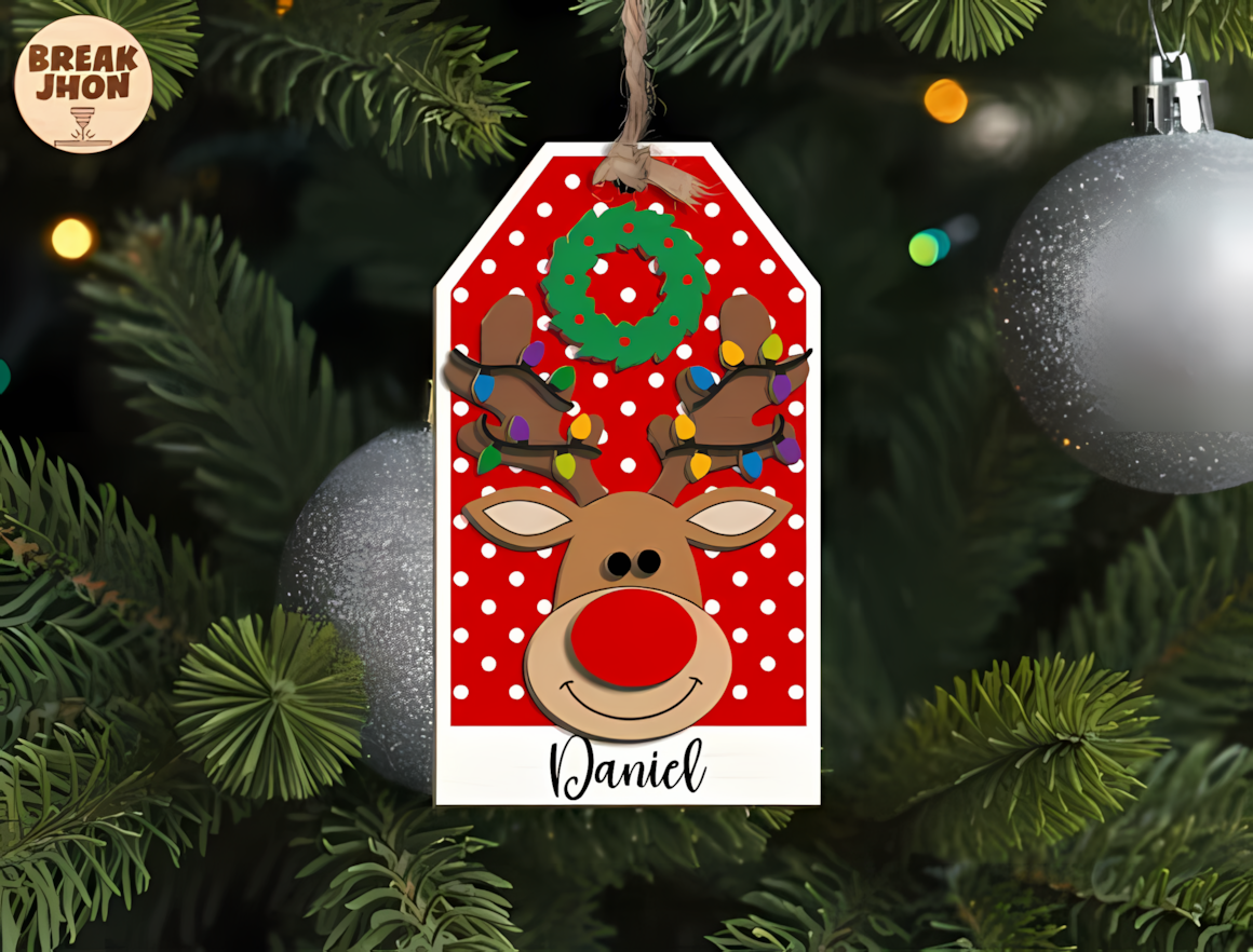 Reindeer Christmas tag ornament SVG vector file for 3D layered laser cutting
