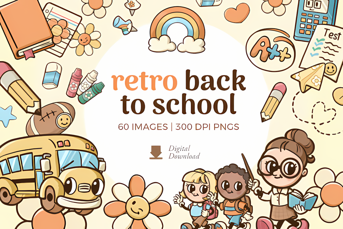 Retro back to school clipart elements with 70s inspired fonts and colors