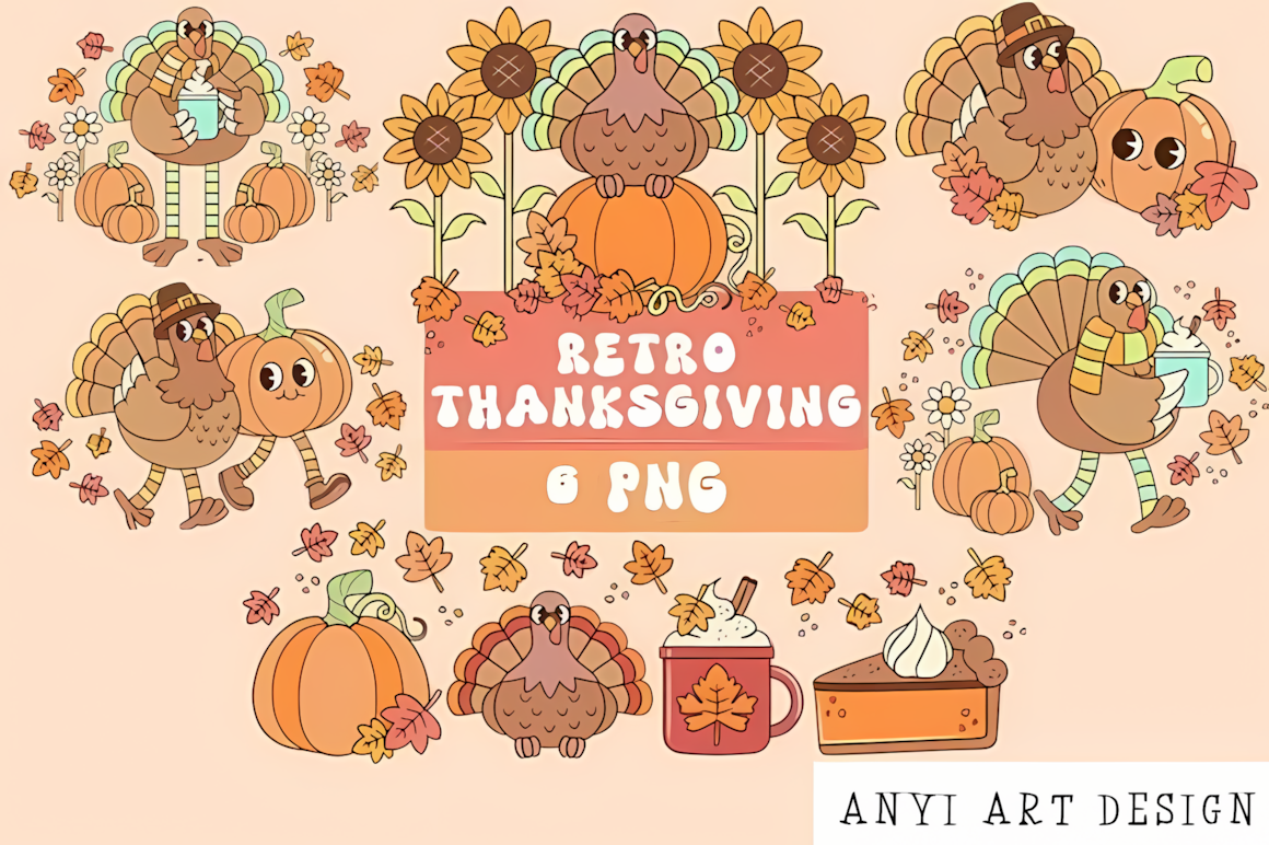 Vintage 70s style autumn typography and pumpkin graphics from a retro groovy thanksgiving png bundle.