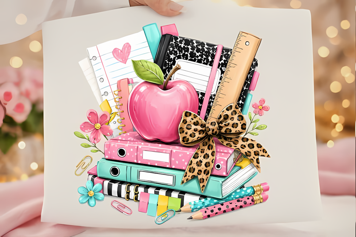 Retro school coquette PNG graphic with bow and vintage stationery motif