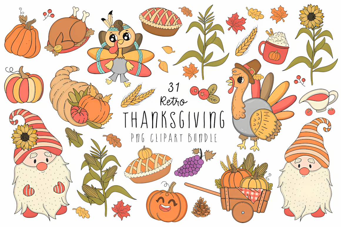 Vintage 70s aesthetic fall harvest graphics from a retro groovy thanksgiving png clipart bundle.