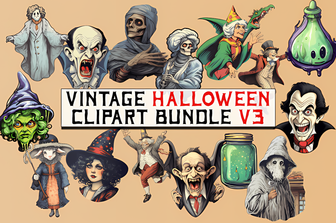 Nostalgic retro vintage Halloween clipart bundle with colorful old-fashioned illustrations
