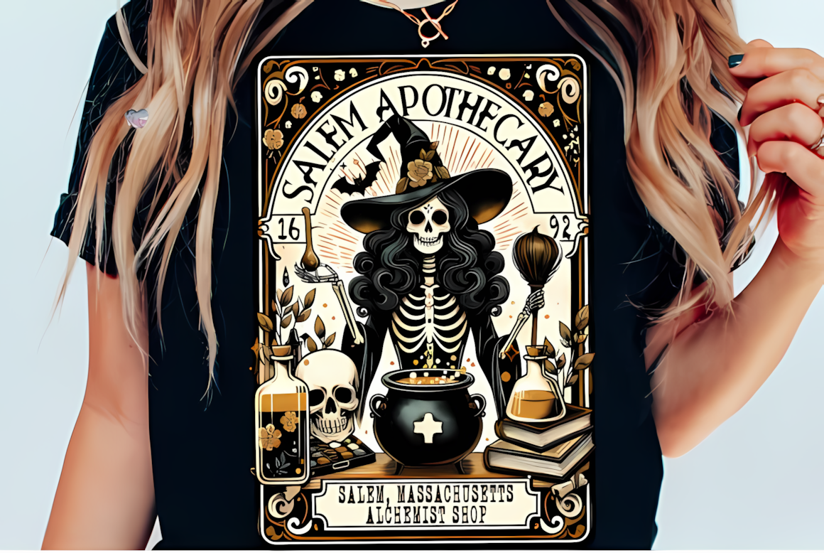Salem apothecary witch tarot card PNG illustration with potion bottles and mystical herbs