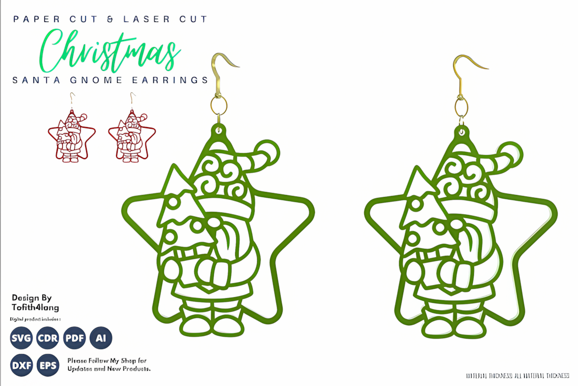 Santa gnome laser cut christmas earrings template crafted into wood drop pendants