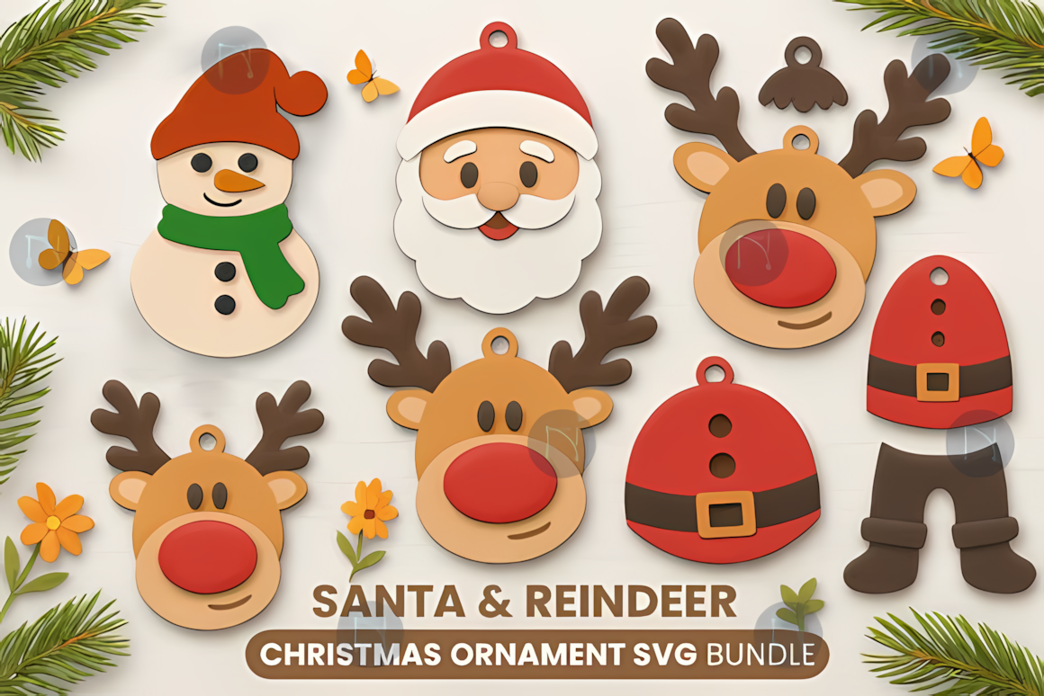 Santa and reindeer Christmas ornament SVG for 3D layered laser cut holiday crafts