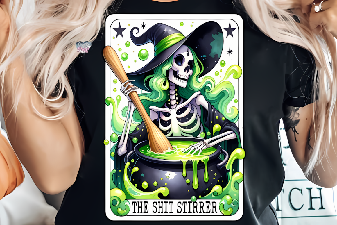Sarcastic skeleton tarot card PNG featuring a funny skeleton witch with a coffee cup design