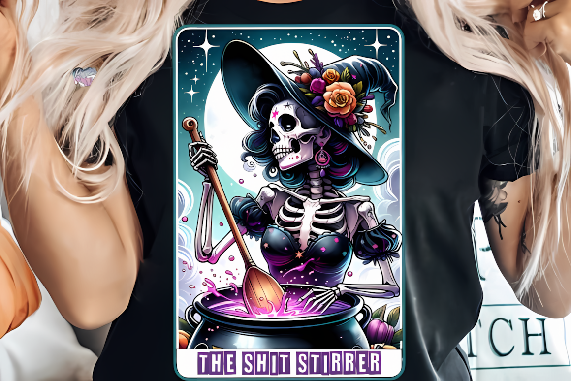 Sarcastic skeleton witch tarot PNG featuring humorous witchy quote and detailed skull artwork