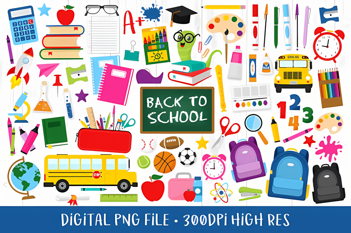 School clipart bundle with backpacks, books, school house, and art supplies