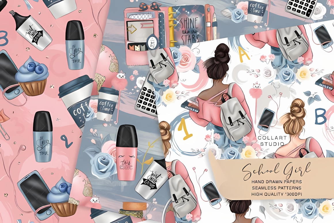 School girl character graphics paired with colorful repeating back to school patterns