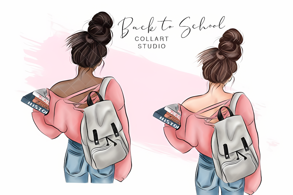 Watercolor school girl clip art illustration carrying a book stack and school bag