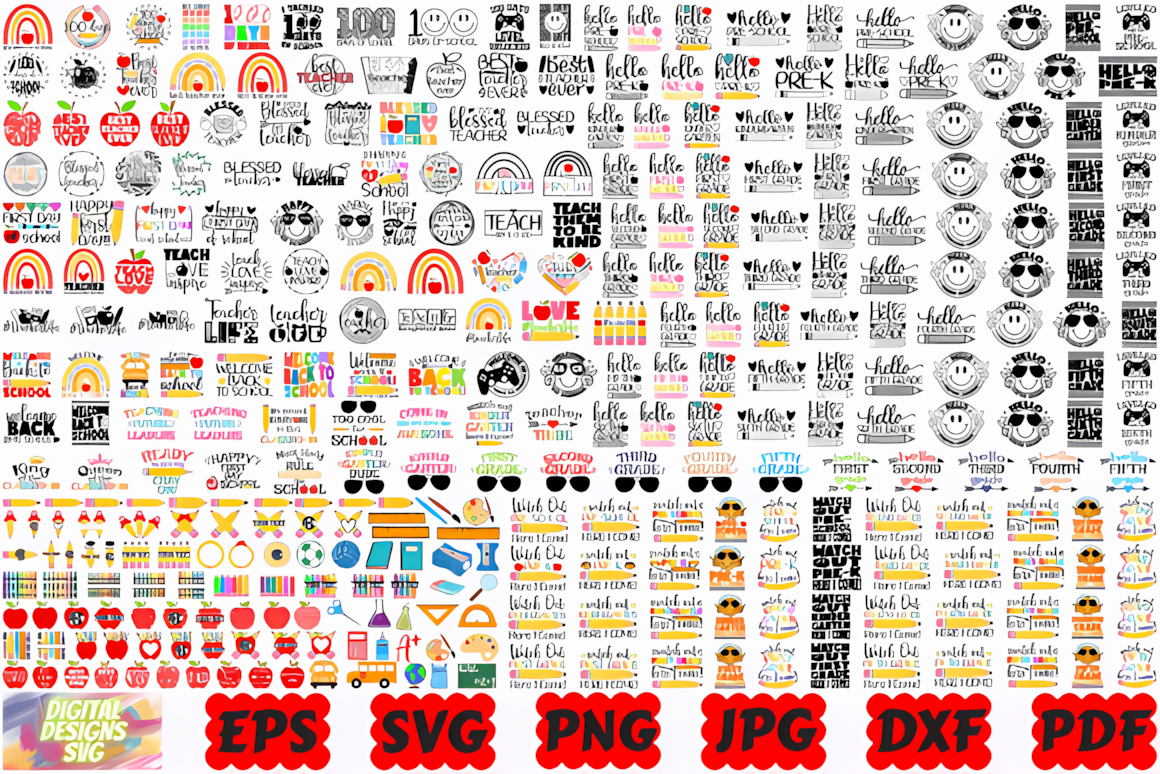 School SVG vector bundle featuring teacher quote graphics and classroom supplies