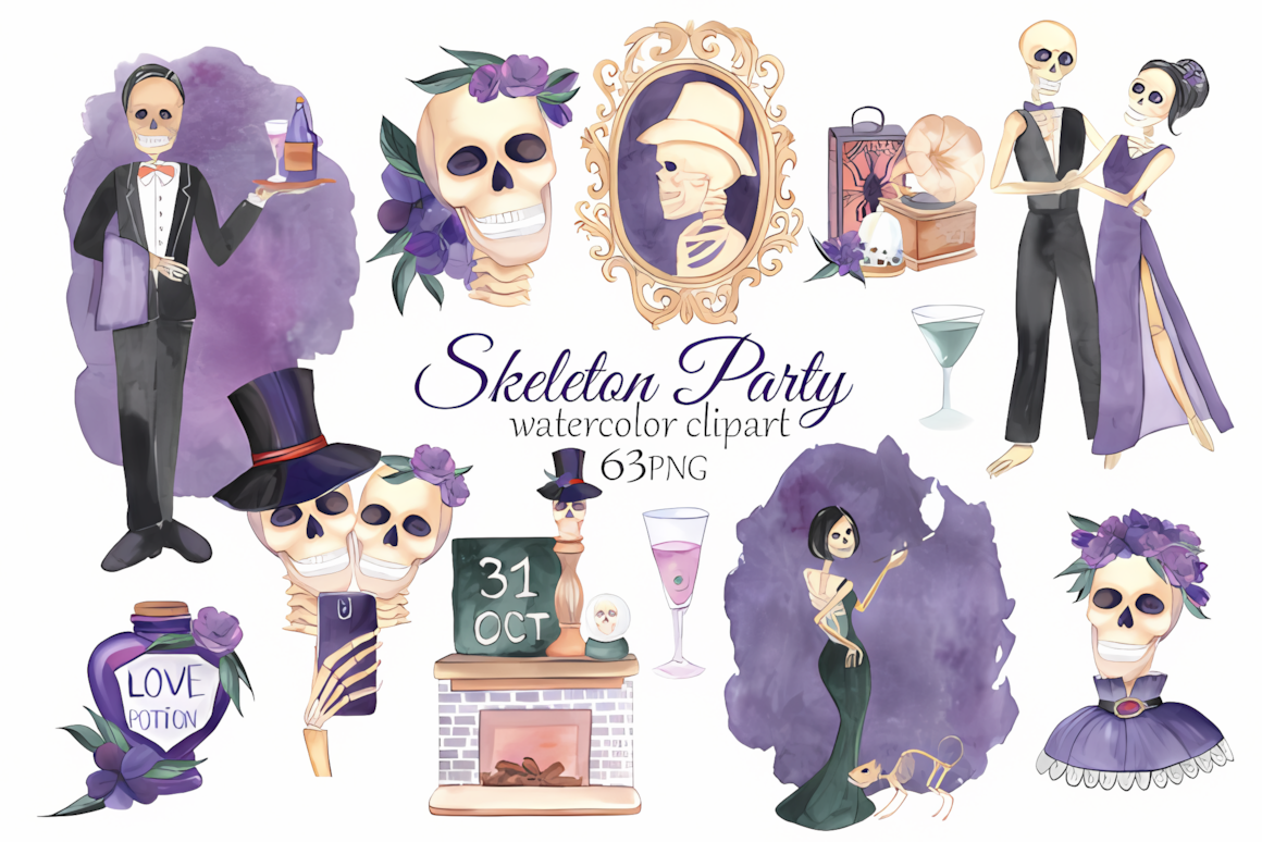 Spooky skeleton png elements for halloween party invitations and decor