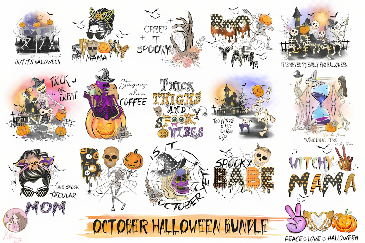 Spooky halloween skeleton clipart pack for print on demand merchandise