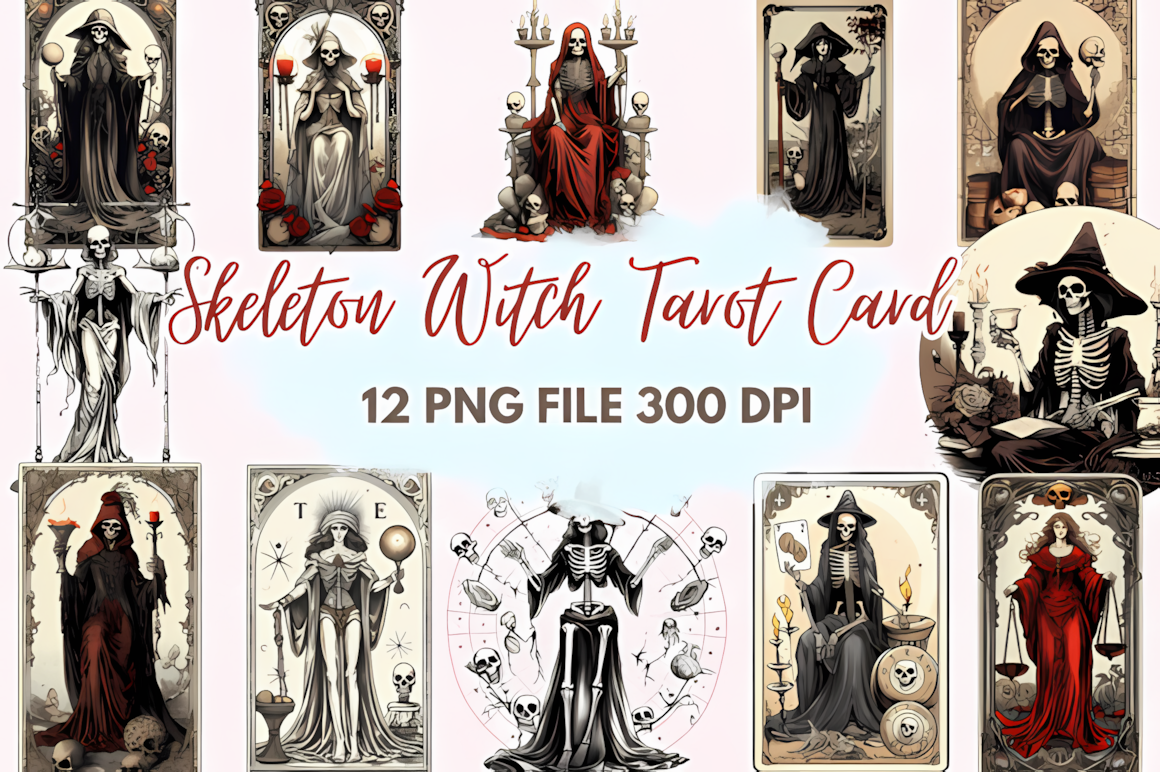 Skeleton witch tarot card clipart with detailed cloak and celestial background graphics