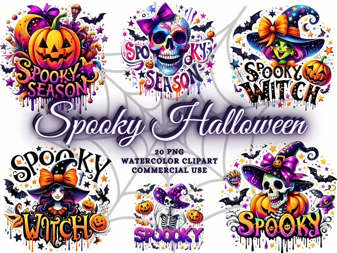 Spooky halloween skeleton clipart bundle featuring witch hats and pumpkins