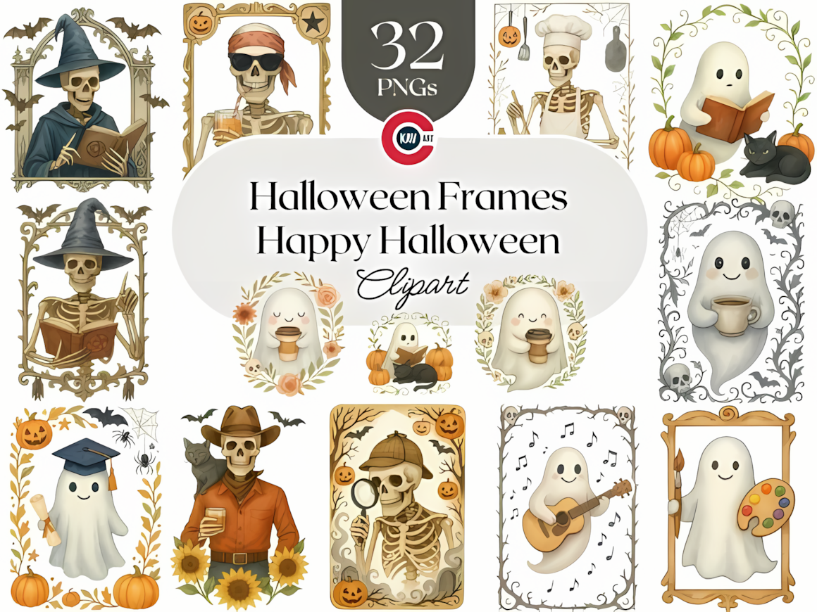 Spooky halloween skeleton clipart border frame for festive photo layouts