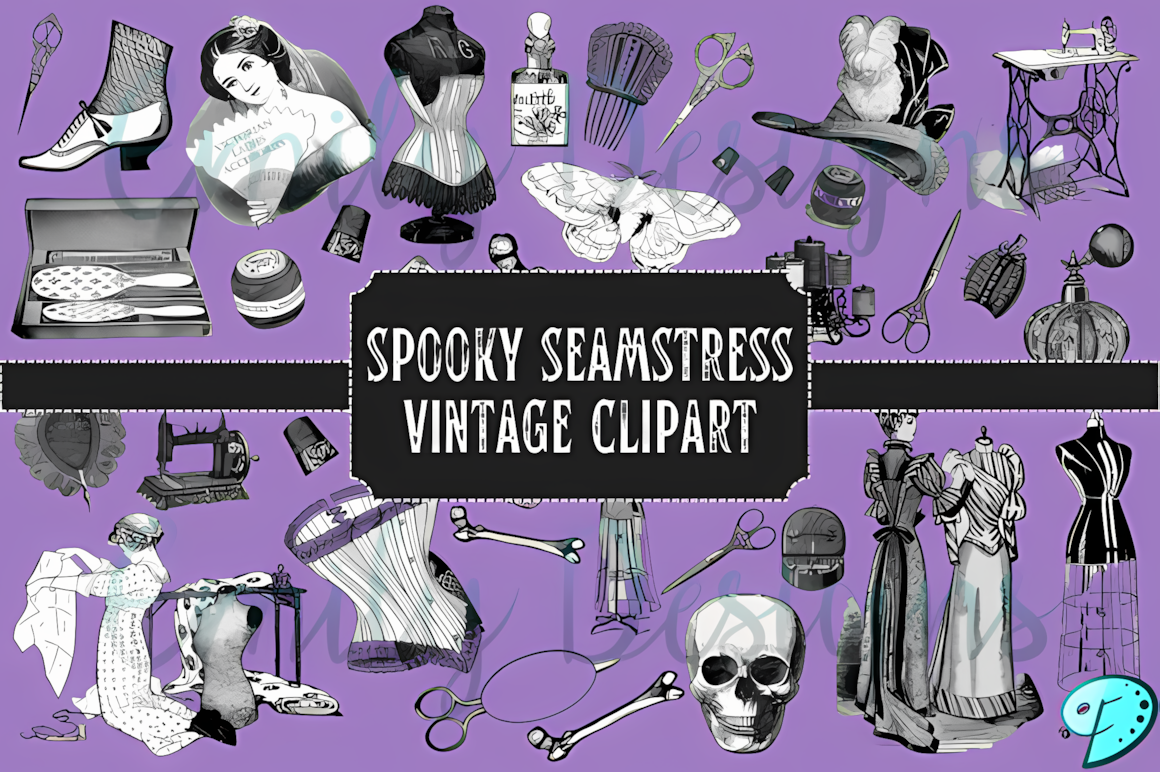 Creative spooky seamstress vintage Halloween clipart bundle with sewing-themed graphics