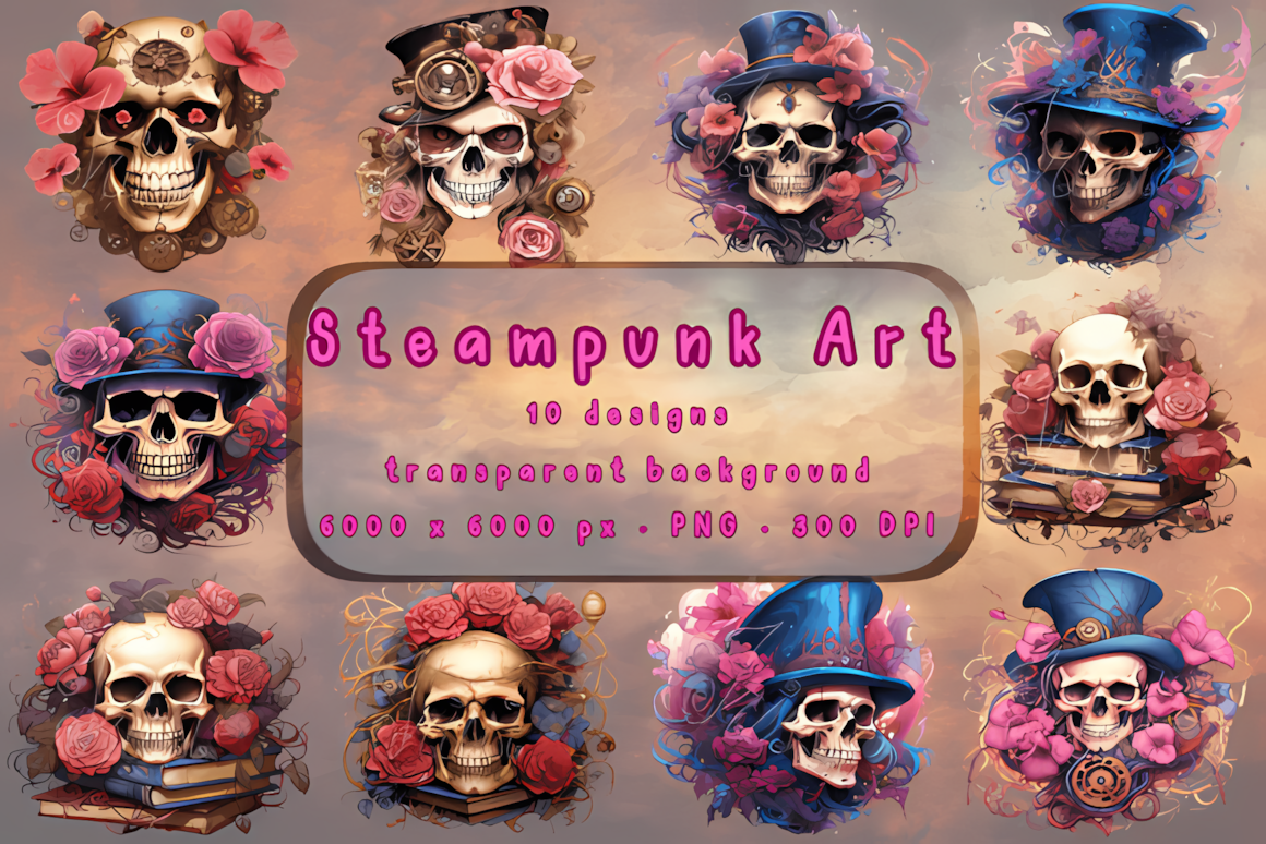 Steampunk spooky skeleton png illustration with top hat and gears