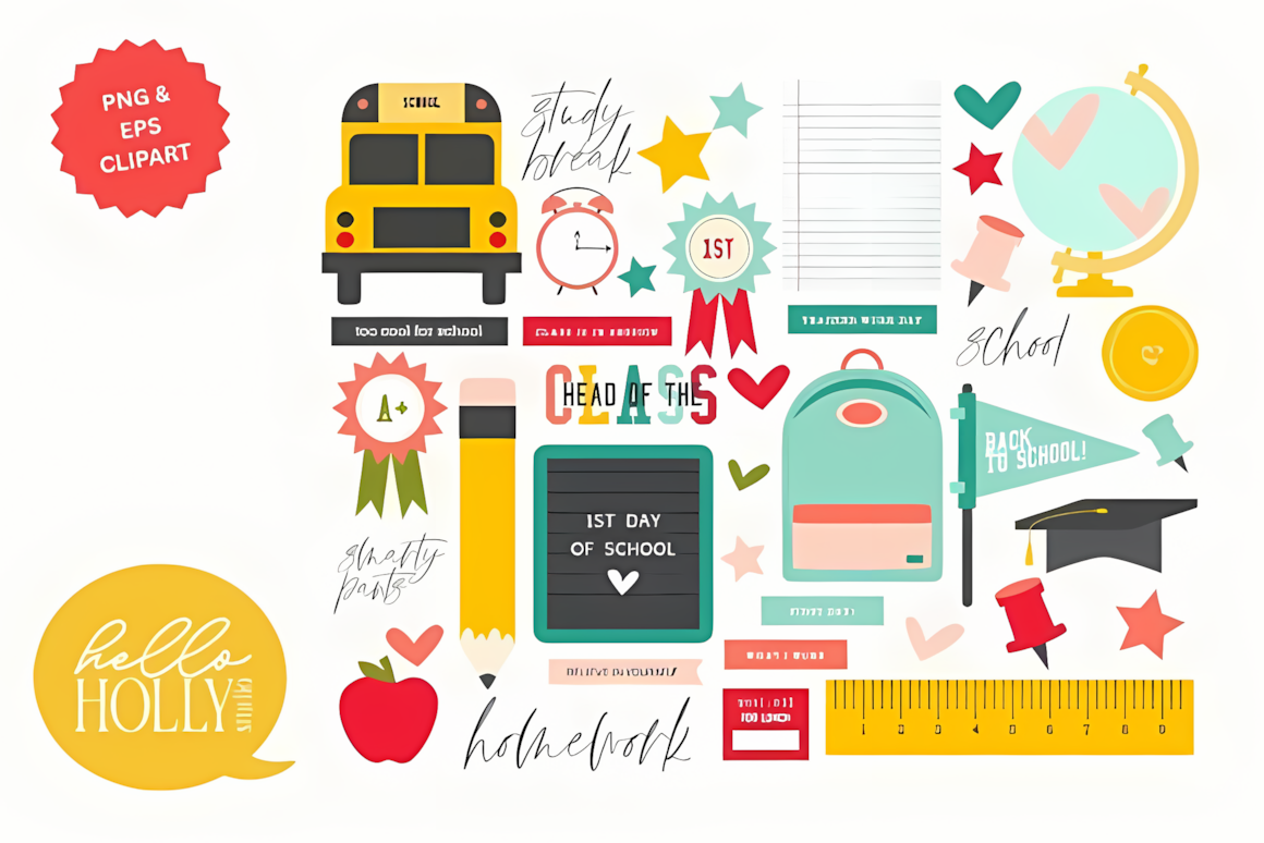 Study hall school PNG files with books, desk items, and learning tools