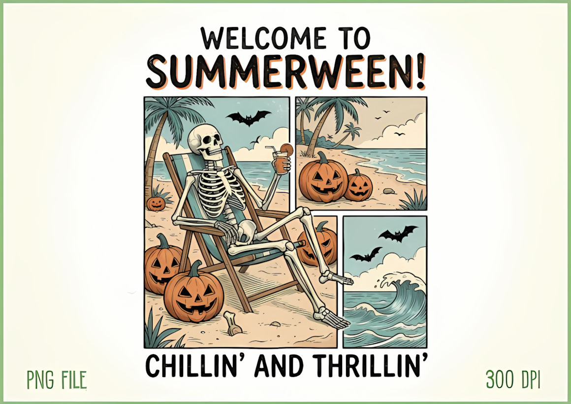 Summerween halloween skeleton clipart enjoying tropical beach vibes