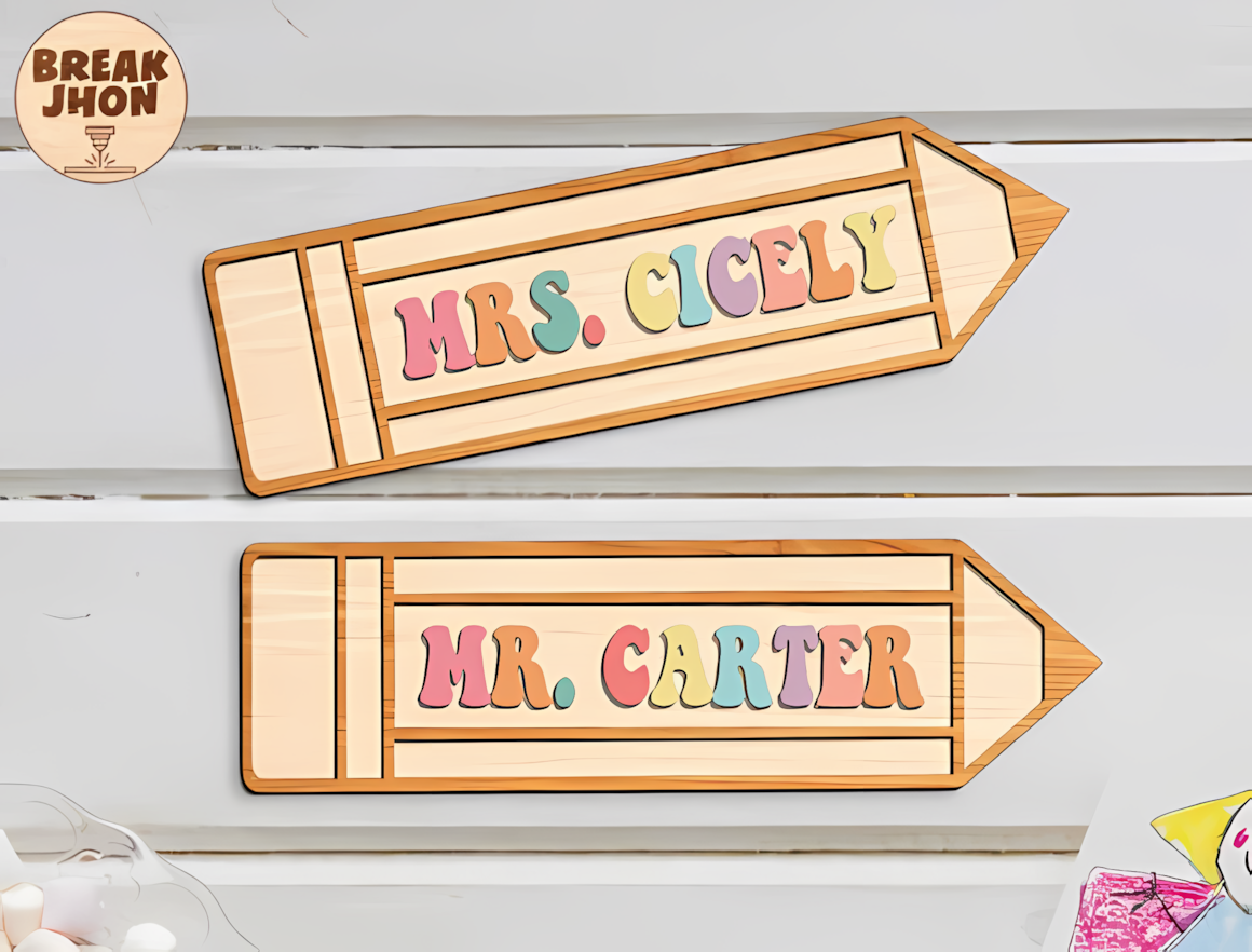 Pencil shaped cutout template for custom teacher name sign svg.