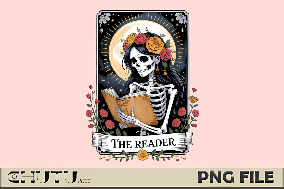 Skeleton reader tarot card PNG illustration holding a book for reading enthusiasts