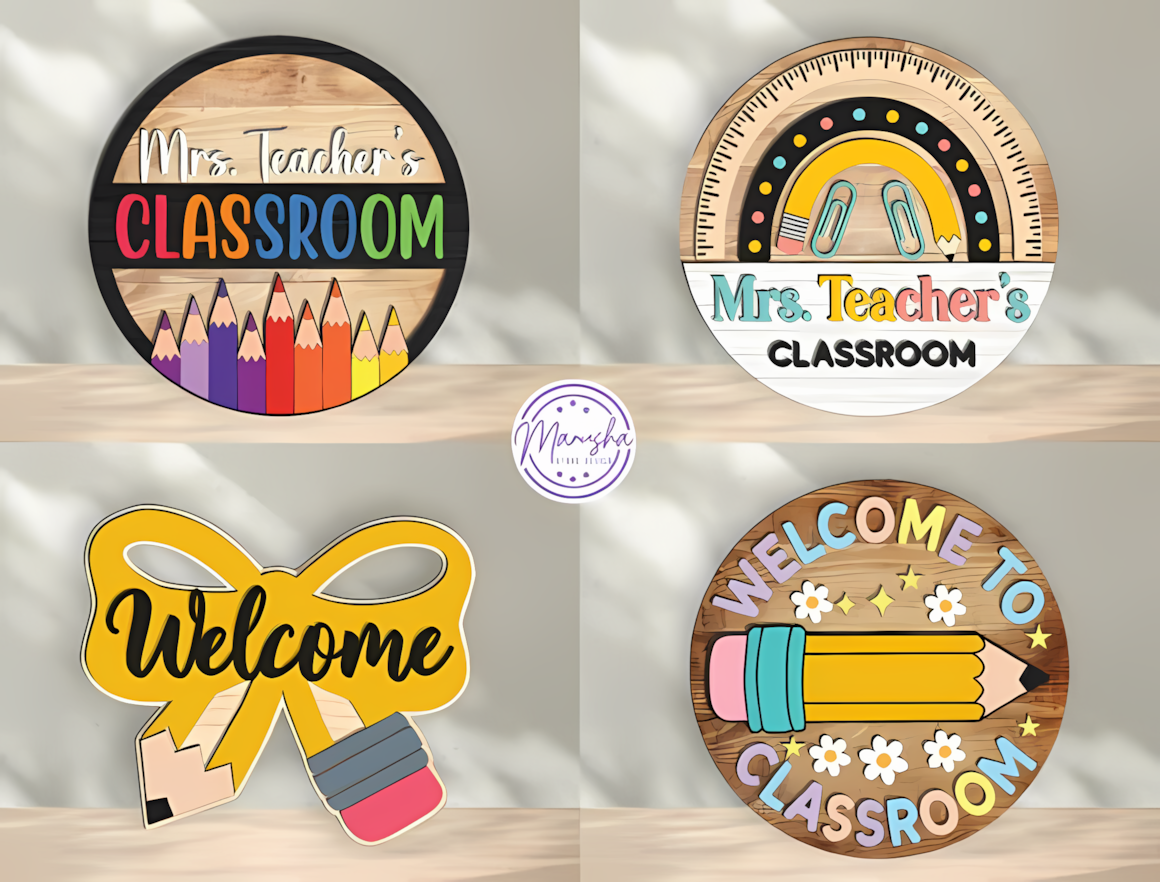 Round door hanger SVG set for personalized teacher sign laser cut.