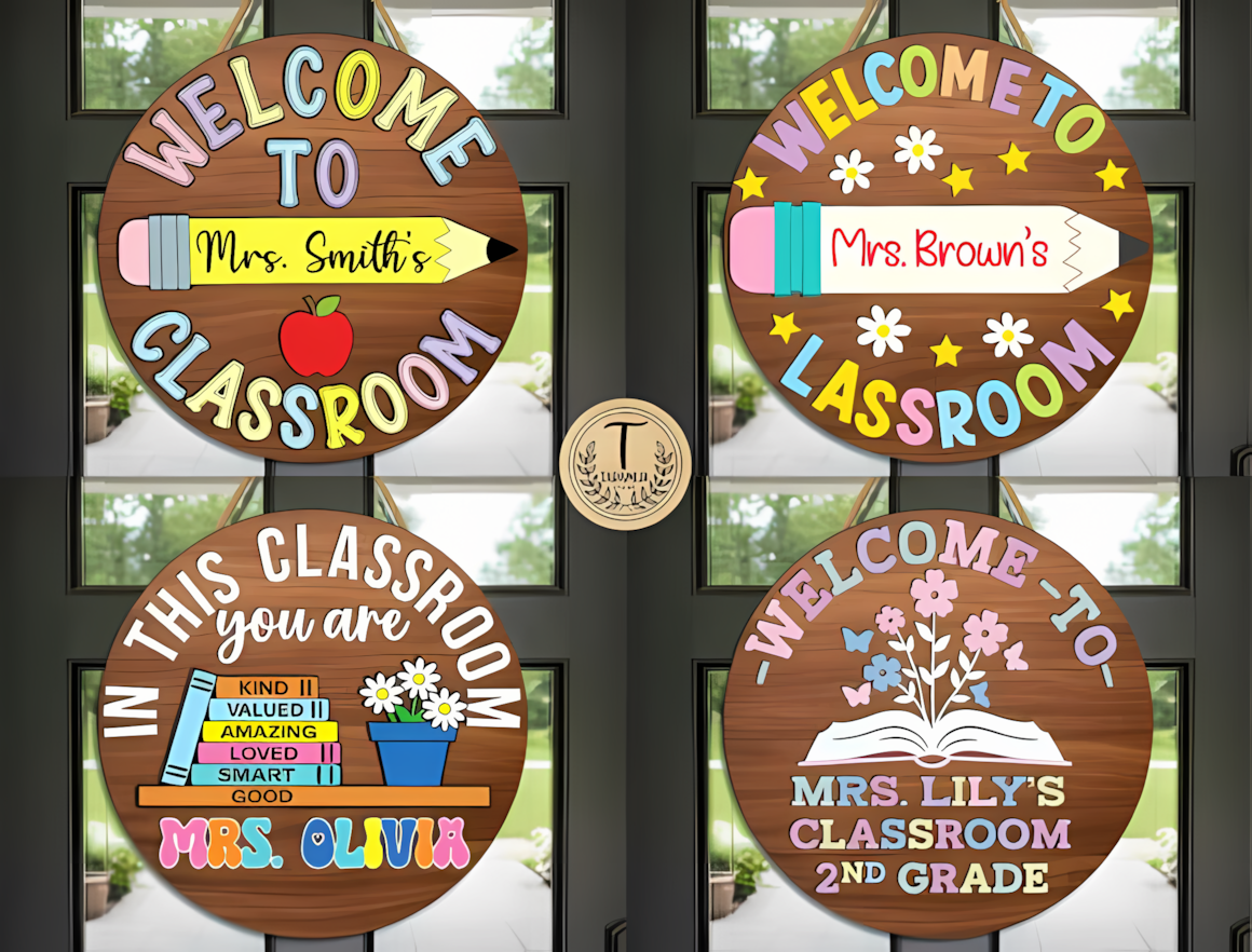 Layered classroom door plaque for personalized teacher sign laser cut.