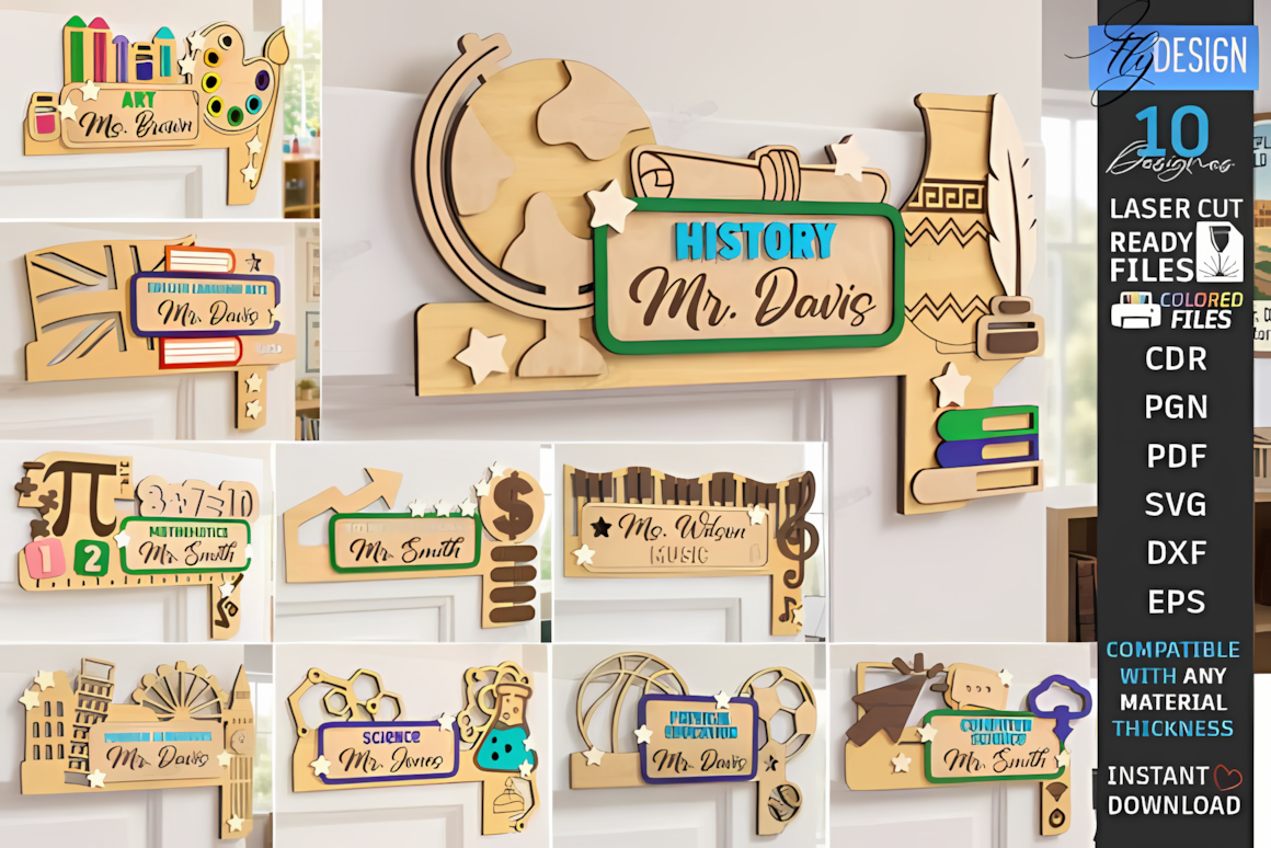 Wood door corner sign frame layout for classroom name laser cut project.