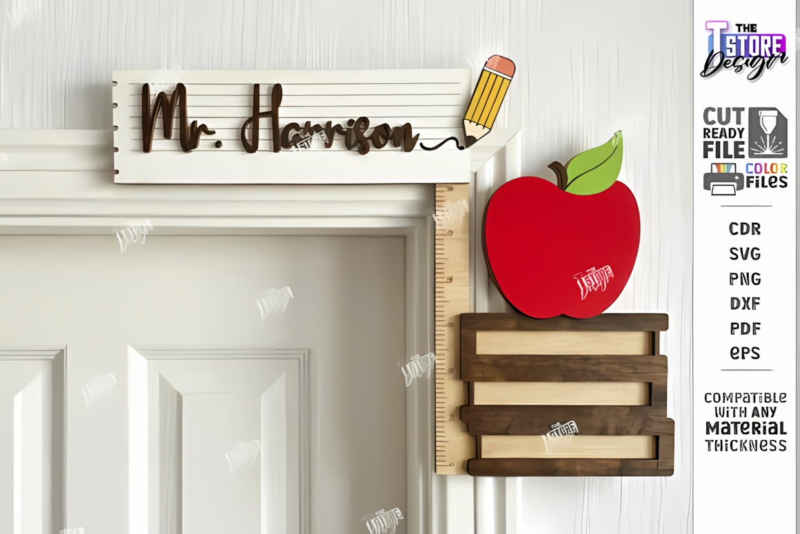 Corner door frame layout for personalized teacher sign laser cut.