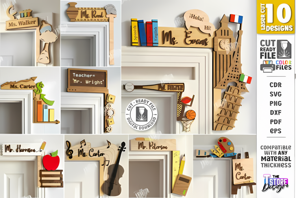 Door corner frame set for classroom name laser cut projects.