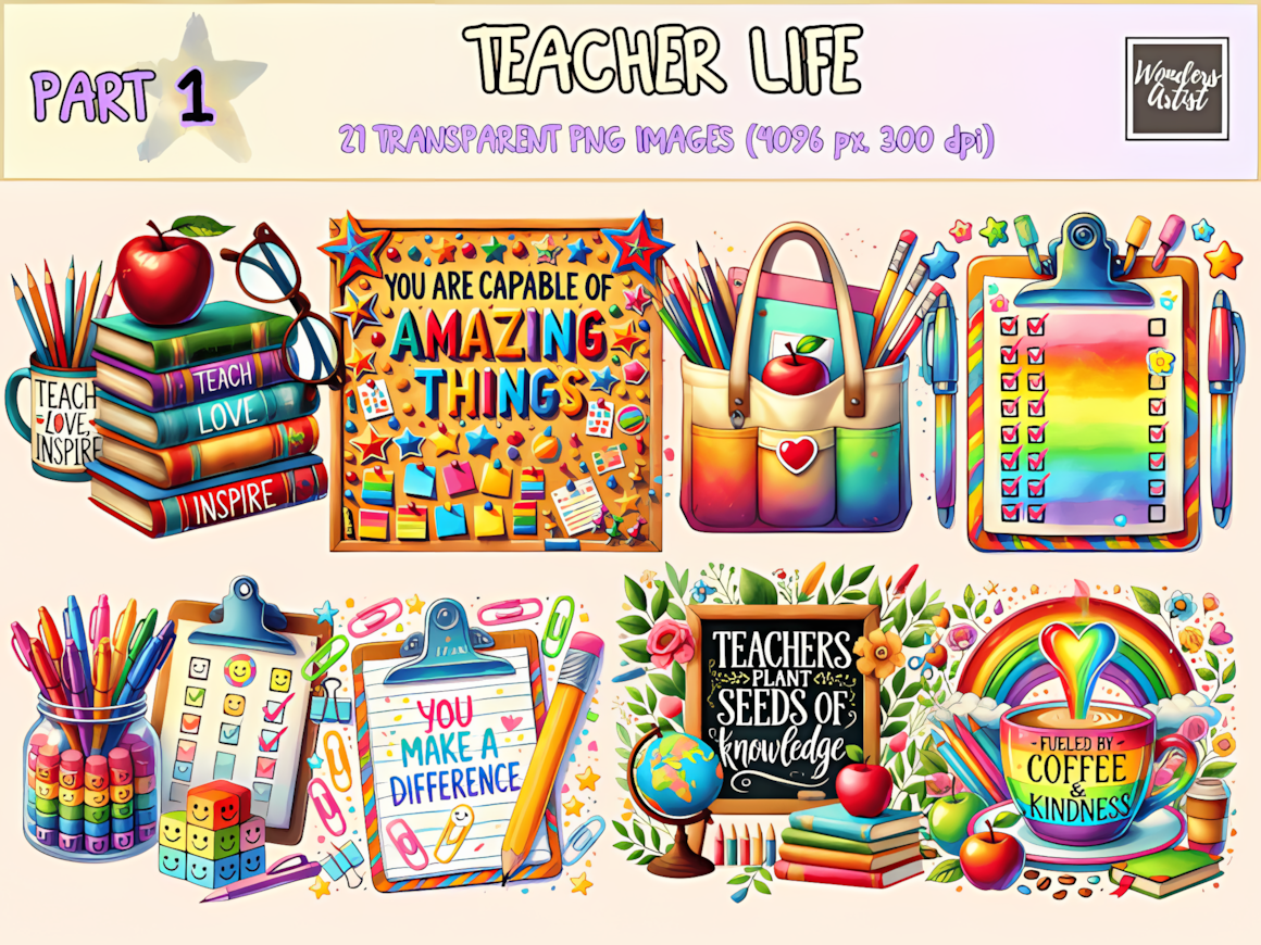 Teacher life clipart set featuring coffee cups, apples, and school supplies