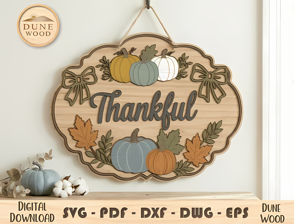 Thankful' plaque with carved maple leaves made from a thanksgiving sign laser cut template.