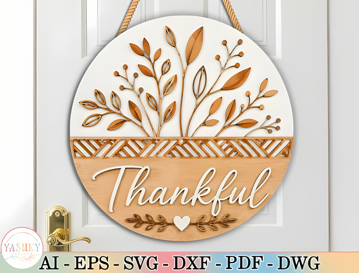 Minimalist 'Thankful' script door sign crafted using a thanksgiving door hanger svg.