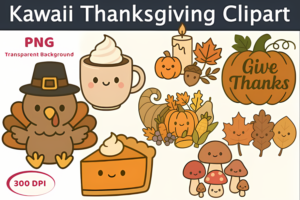 Charming kawaii style pumpkin and pie graphics from a thanksgiving clipart kawaii bundle png.