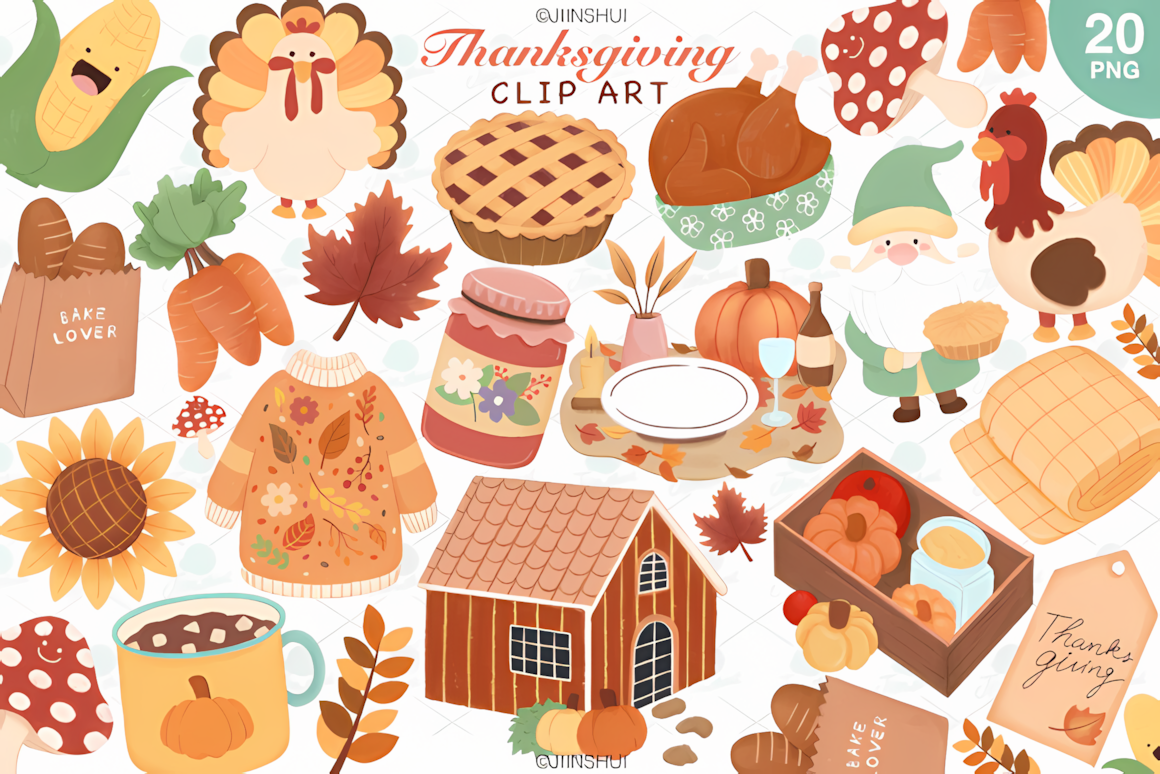 Festive holiday graphics featuring turkeys and pies from a thanksgiving clipart png turkey day set.